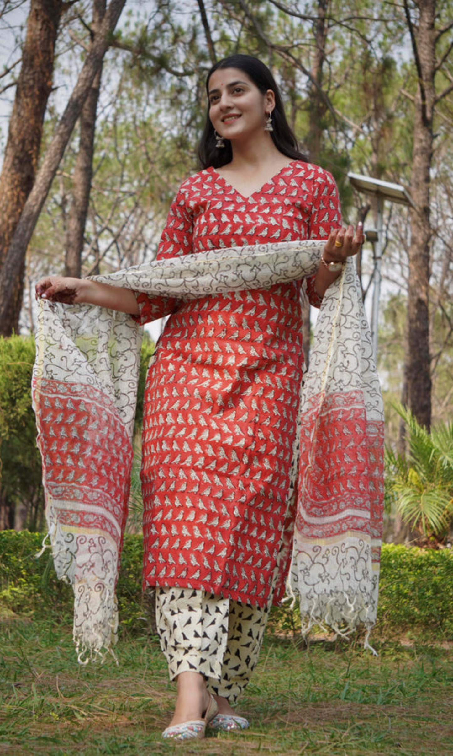 Red Handblock Printed Cotton Kurta Set with Printed Dupatta for womens