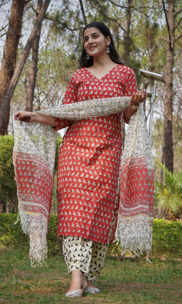 Red Handblock Printed Cotton Kurta Set with Printed Dupatta for womens