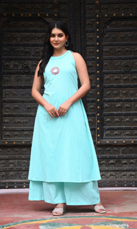 Bahe Kurtiz Sky Blue Halter Neck A-Line Kurti Set with Minimal Embroidery and Palazzo for Women