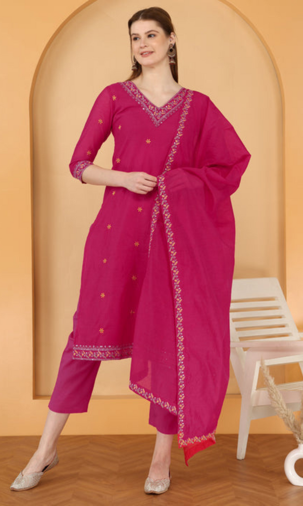 Bahe Kurtiz Rani pink Chanderi embroidary Kurta and pant with Dupatta set