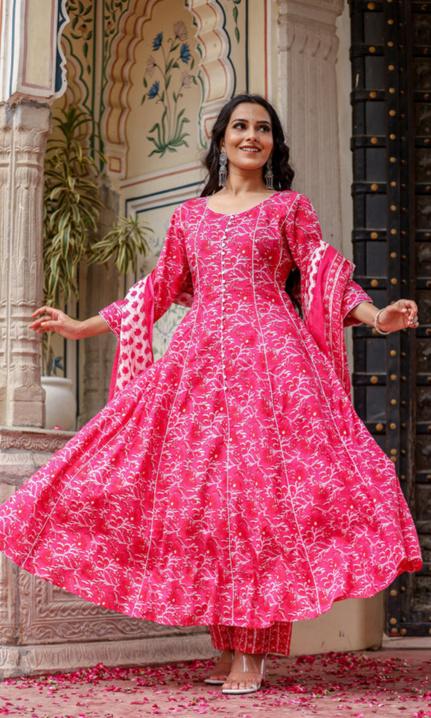 Bahe Kurtiz Pink Handblock Printed Cotton kalidar Anarkali Set with Dupatta for Womens