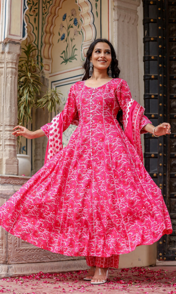 Bahe Kurtiz Pink Handblock Printed Cotton kalidar Anarkali Set with Dupatta for Womens