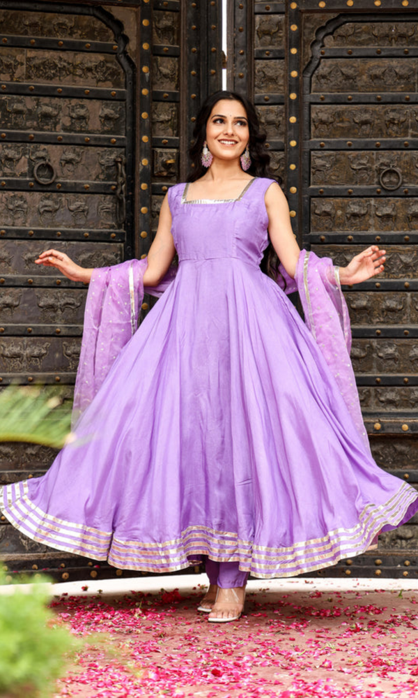 Lavender Georgette  handwork  with fully flared gotta lace  Anarkali Suit  for womens