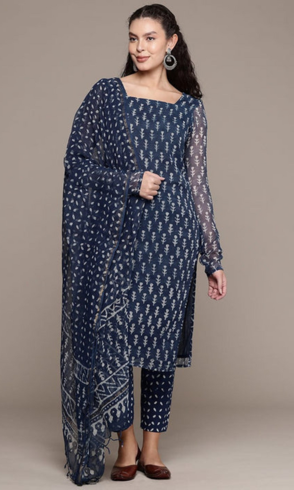 Bahe Kurtiz Pure Kota Doriya Indigo Hand Block Printed Kurta Pant Dupatta Set for Women