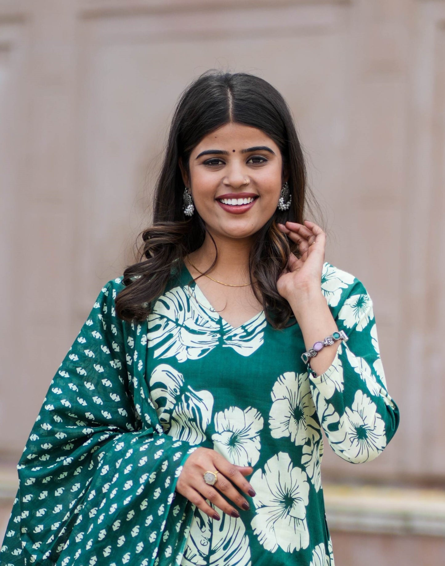 Bahe Kurtiz cotton handblock printed V neck straight Kurta and pant with Dupatta set