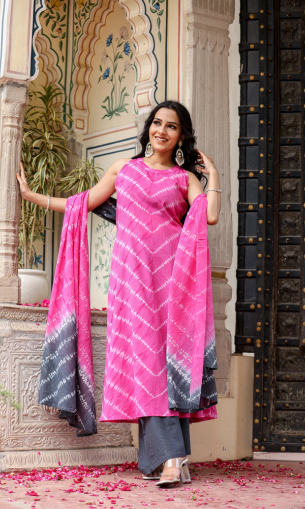 pink and grey halter neck kurta and palzzo with dupatta set  for womens