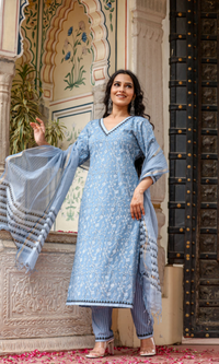 Bahe Kurtiz Handblock Printed grey Pure Cotton V Neck kurta Set with kota doriya Dupatta for Womens