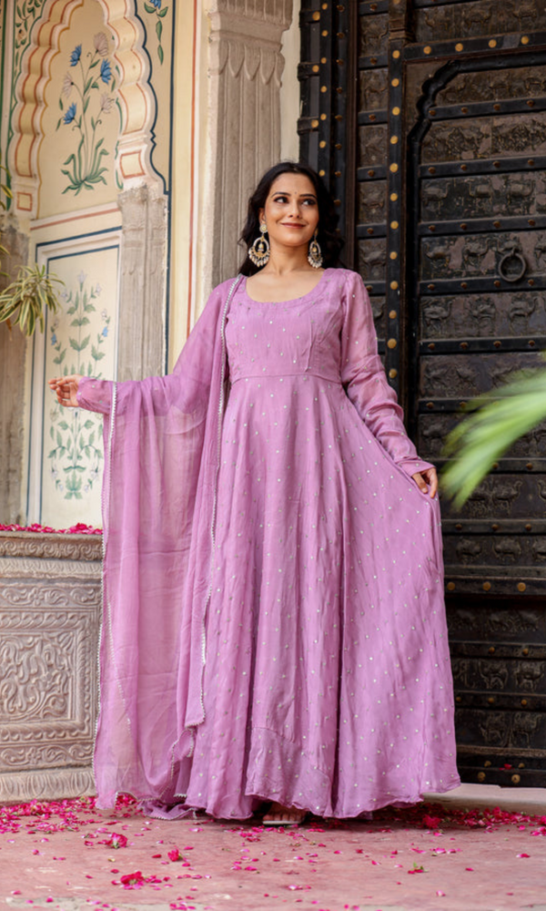 lavender gazi silk embroidered floor touch anarkali with dupatta set for womens