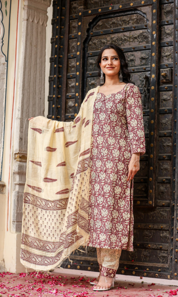 Bahe Kurtiz Handblock Printed brown Cotton Suit Set with Heritage kota doriya Dupatta for womens