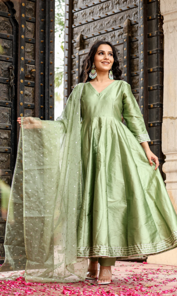 Olive Green Silk Flared Anarkali Kurta Set with fully flared & Dupatta for womens