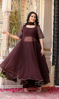 Designer Chocolate Brown Flared Kurta Set for womens