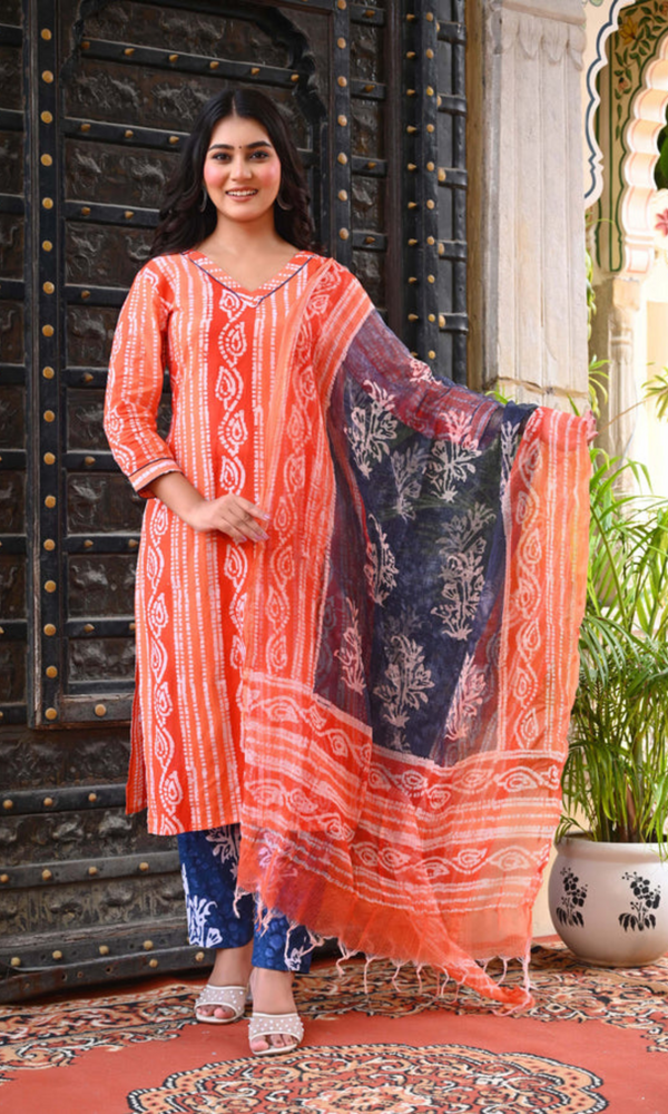 Bahe Kurtiz Multicolor Handblock Straight Kurta Set with Kotadoria Dupatta for Women
