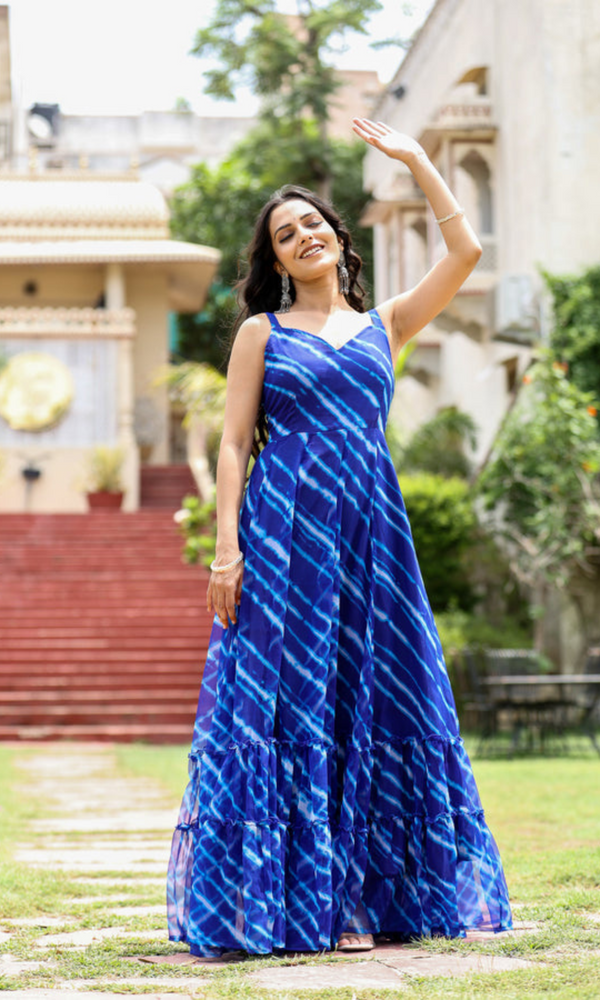 royal blue georgette leheriya printed tiered flared sleevless gown
