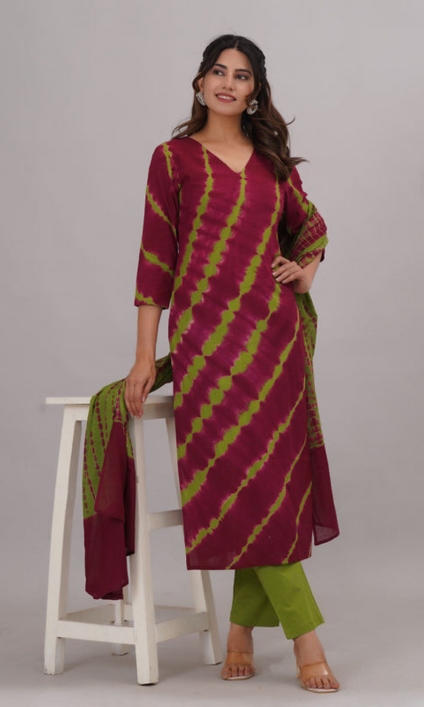 Bahe Kurtiz Pure Cotton tie & die kurta and pant with dupatta set set