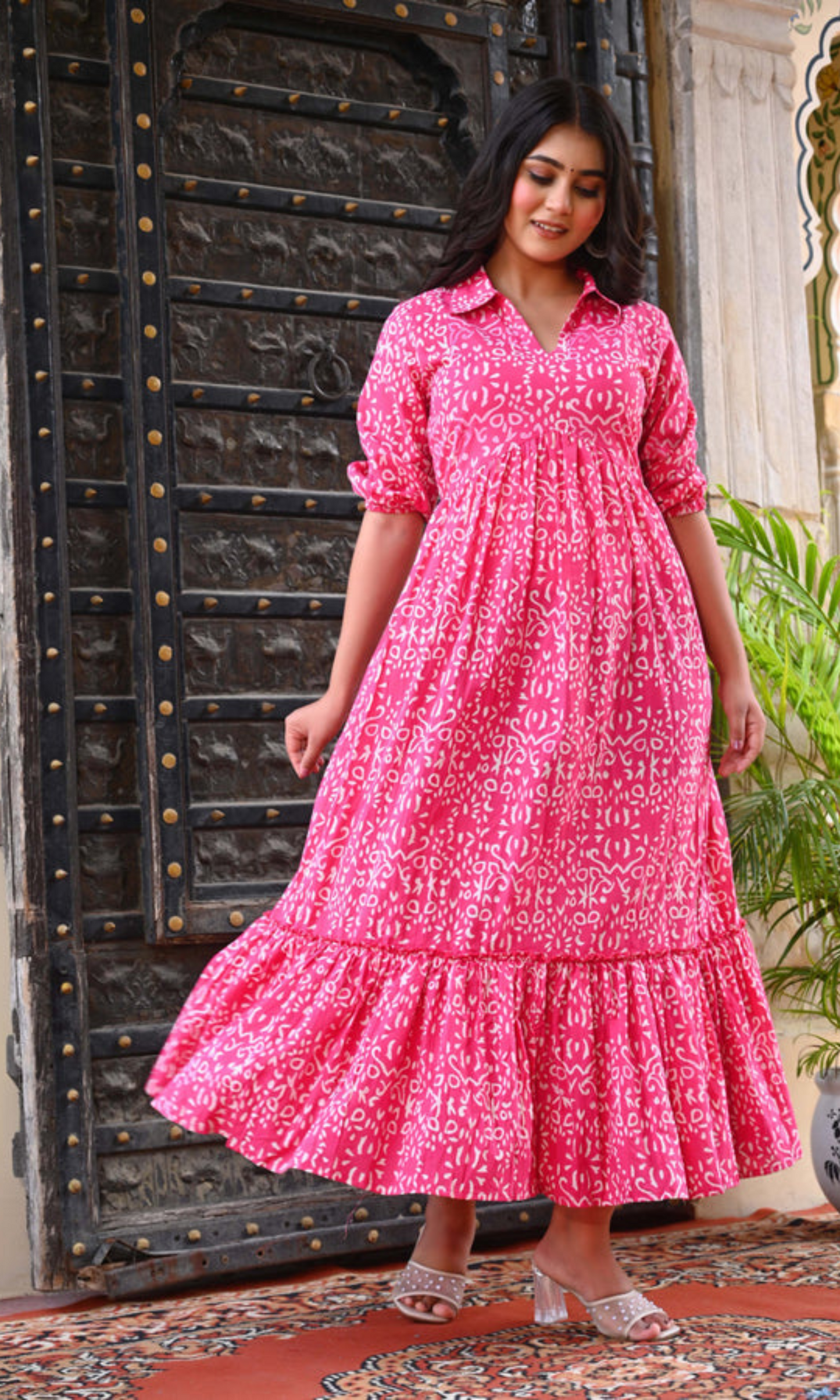 Bahe Kurtiz Pink Handblock Printed Flared Maxi Dress for Women