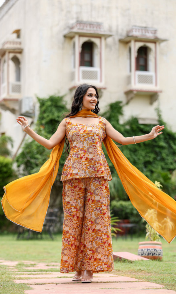 Golden yellow sleeveless kurti embroidered georgette silk with Floral Printed Sharara  with chiffon dupatta set for womens