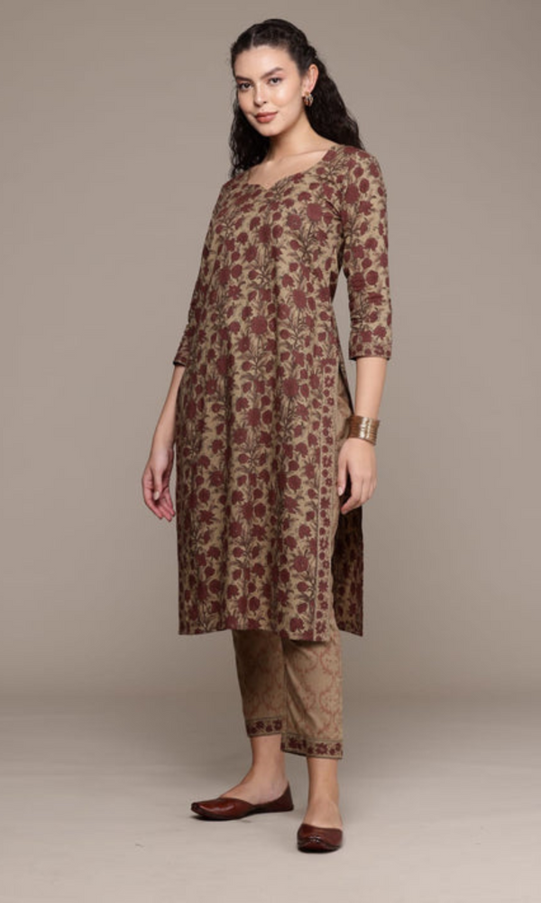 Bahe Kurtiz Pure Cotton Beige Hand Block Printed Kurta Pant Dupatta Set for Women