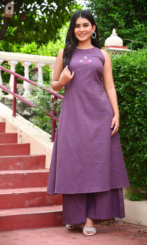 Bahe Kurtiz Purple Halter Neck Minimally Embroidered A Line Kurti Set with Palazzo for Women