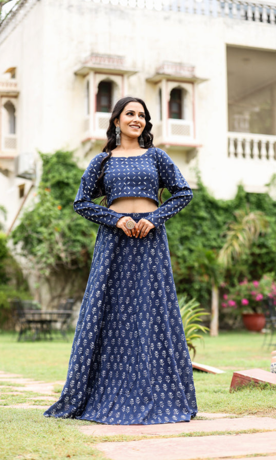 indigo kota doriya handblock crop top with skirt set for womens