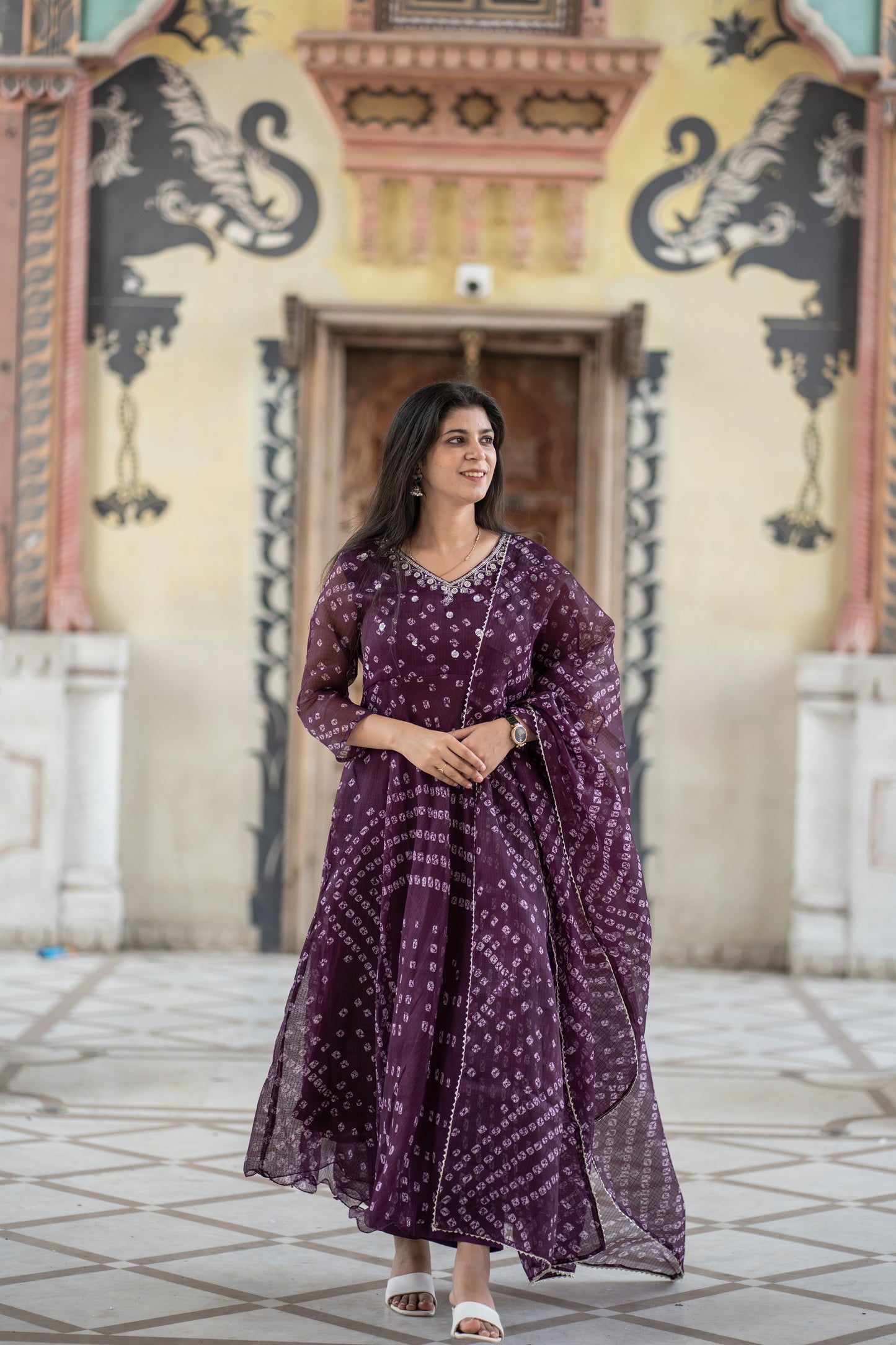 Pure kota Doria Bandhani print Anarkali with intricate handwork on the yoke  all over cotton lining attached paired with cotton pants and a kota Doria dupatta