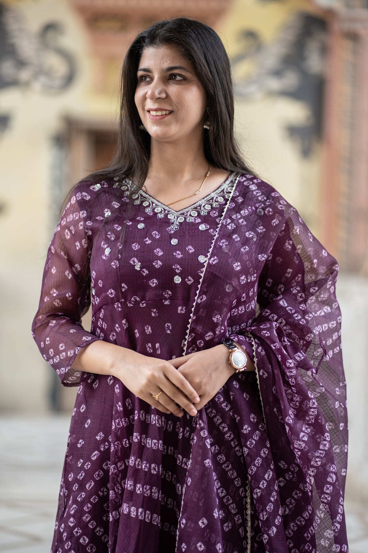 Pure kota Doria Bandhani print Anarkali with intricate handwork on the yoke  all over cotton lining attached paired with cotton pants and a kota Doria dupatta