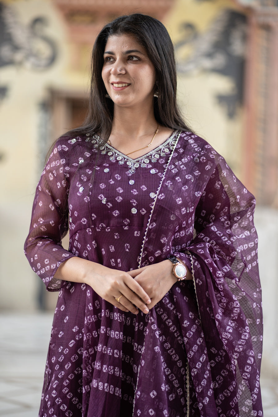 Pure kota Doria Bandhani print Anarkali with intricate handwork on the yoke  all over cotton lining attached paired with cotton pants and a kota Doria dupatta