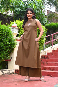 Bahe Kurtiz Brown Halter Neck Minimally Embroidered A Line Kurti Set with Palazzo for Women