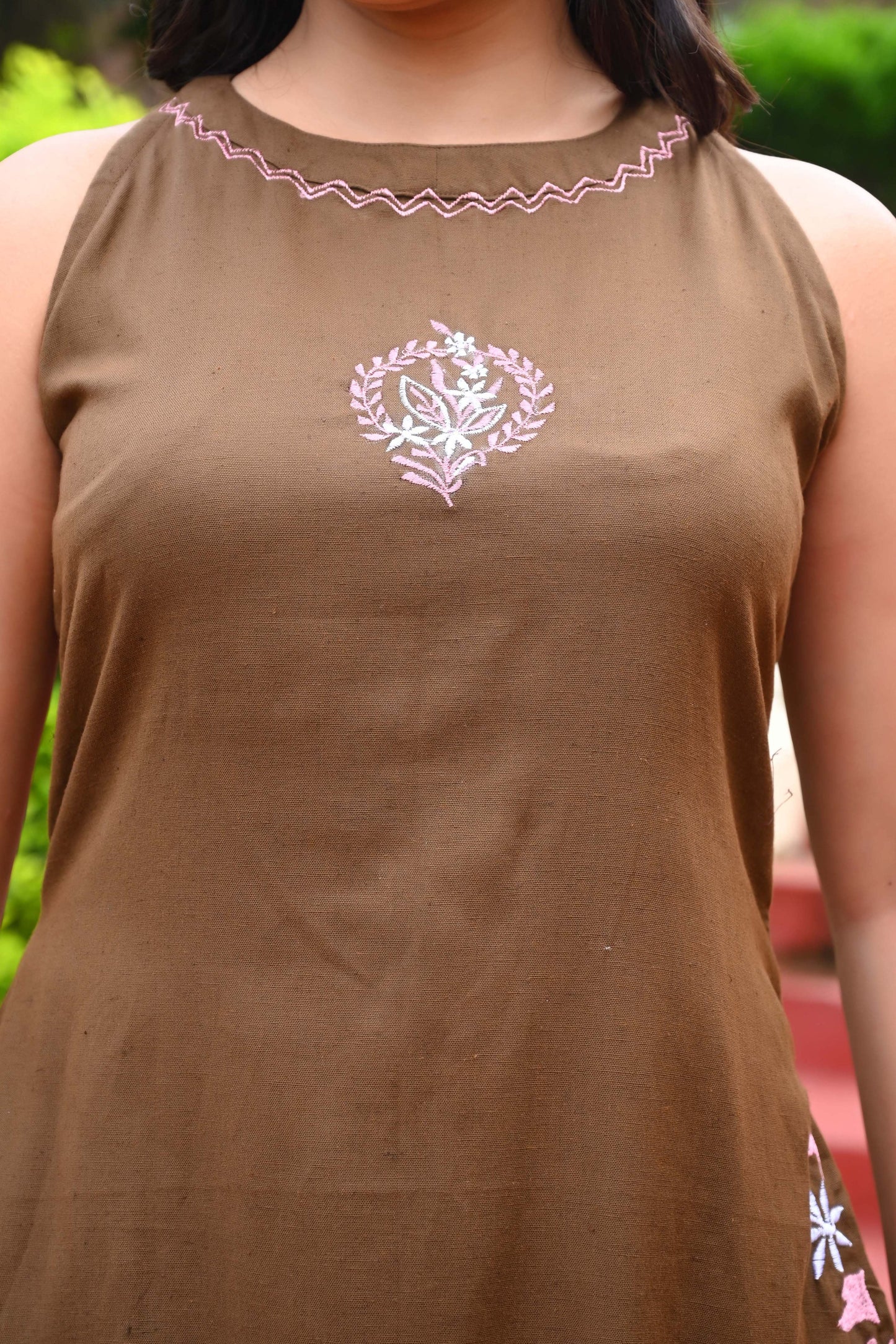 Bahe Kurtiz Brown Halter Neck Minimally Embroidered A Line Kurti Set with Palazzo for Women