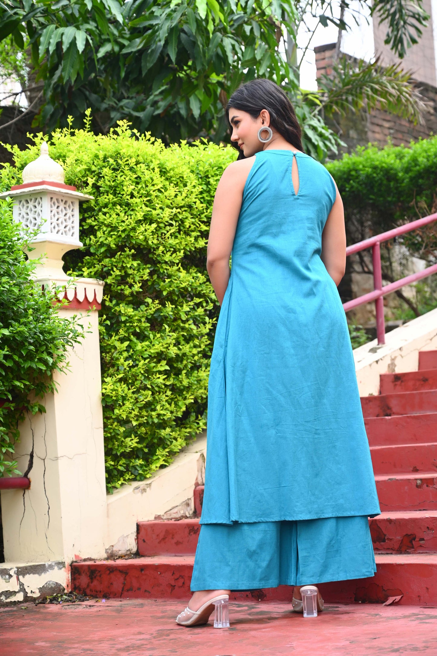 Bahe Kurtiz Blue Halter Neck Minimally Embroidered A Line Kurti Set with Palazzo for Women