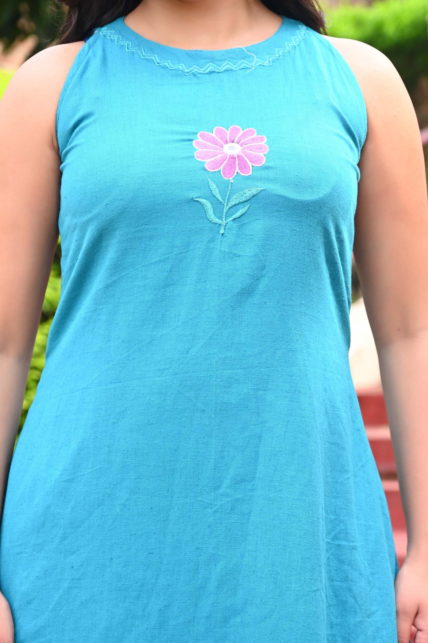Bahe Kurtiz Blue Halter Neck Minimally Embroidered A Line Kurti Set with Palazzo for Women
