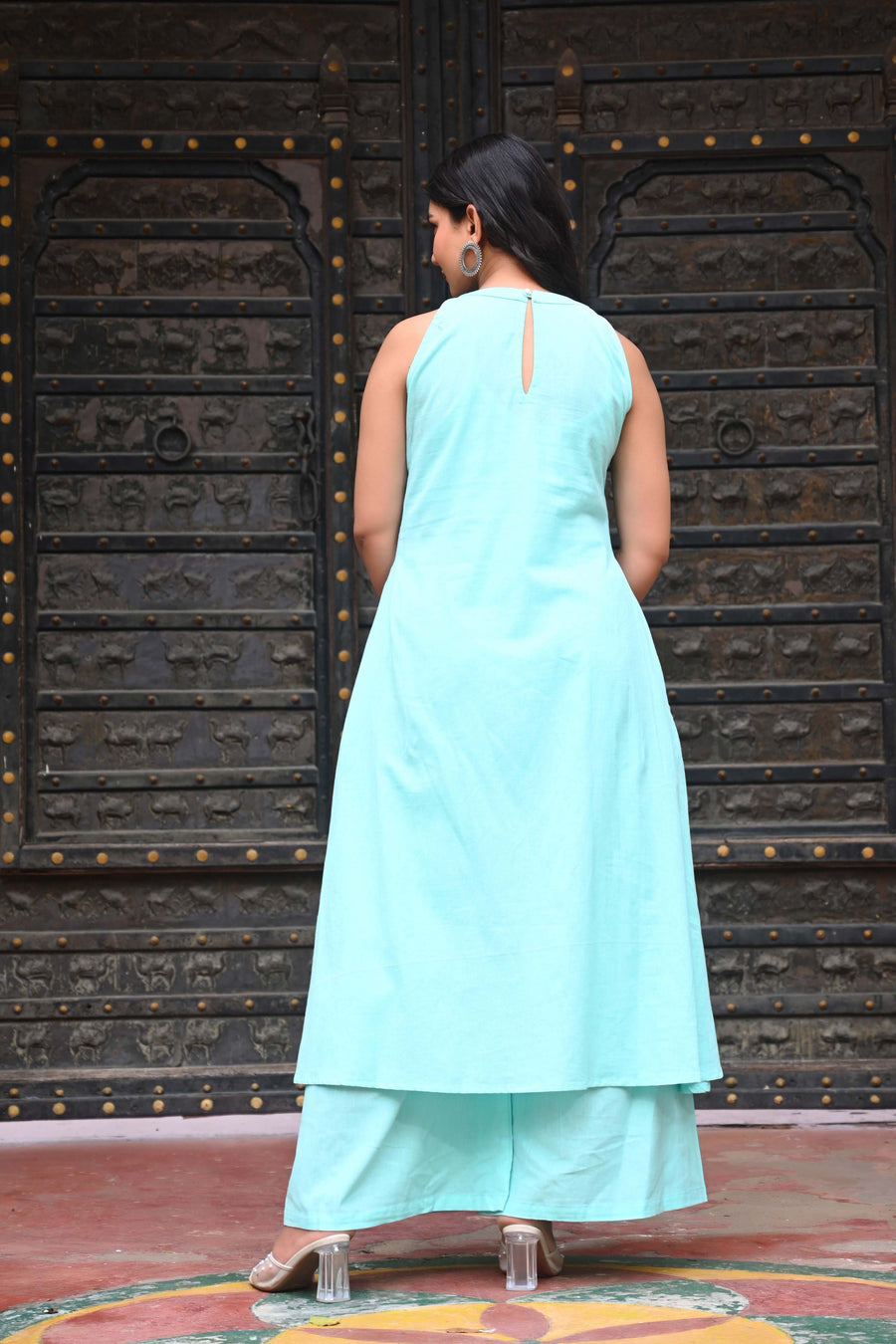 Bahe Kurtiz Sky Blue Halter Neck A-Line Kurti Set with Minimal Embroidery and Palazzo for Women