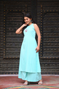 Bahe Kurtiz Sky Blue Halter Neck A-Line Kurti Set with Minimal Embroidery and Palazzo for Women