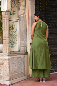 Bahe Kurtiz Green Halter Neck A-Line Kurti Set with Minimal Embroidery and Palazzo for Women