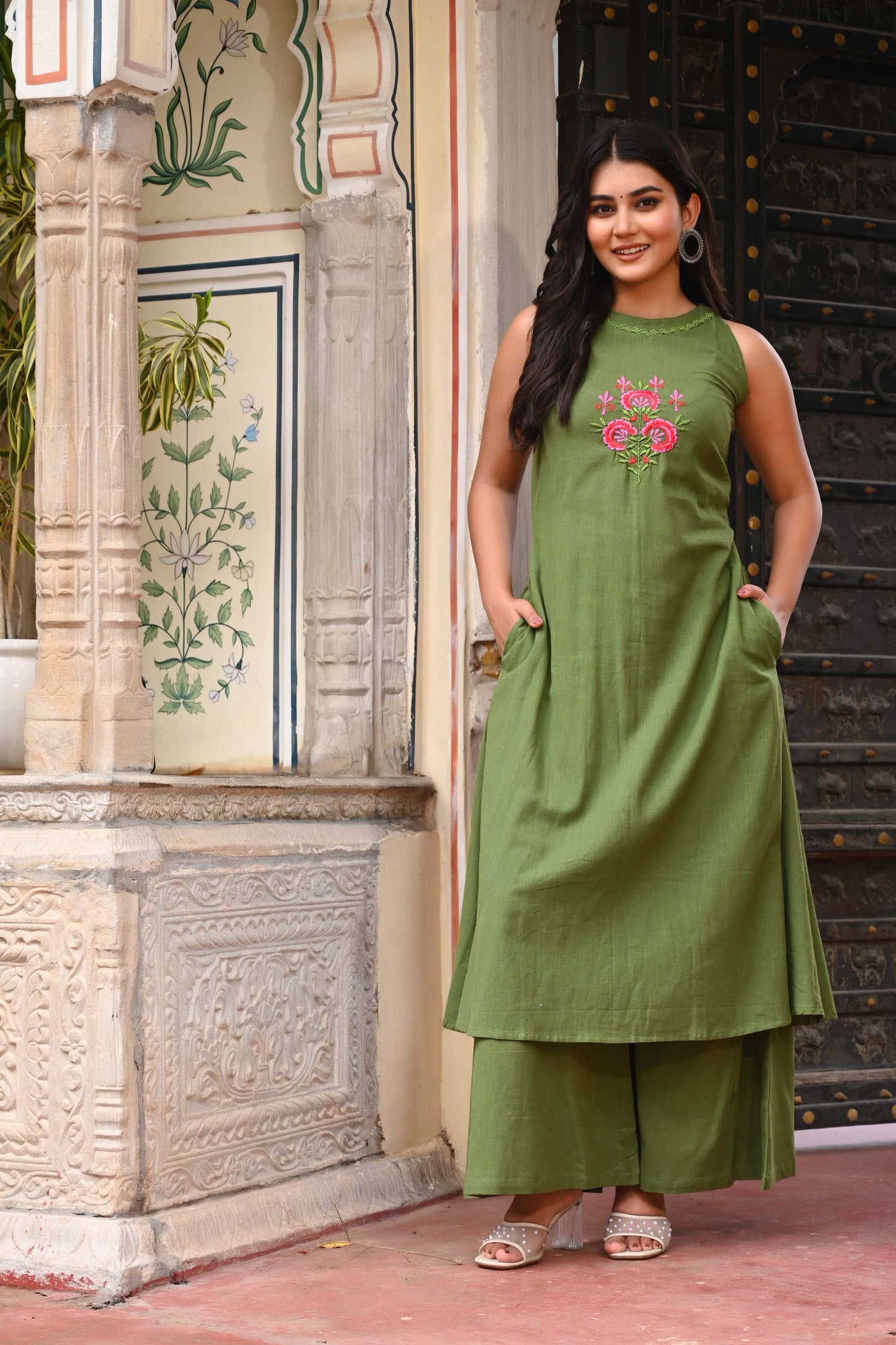 Bahe Kurtiz Green Halter Neck A-Line Kurti Set with Minimal Embroidery and Palazzo for Women
