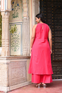 Bahe Kurtiz Pink Halter Neck A-Line Kurti Set with Minimal Embroidery and Palazzo for Women