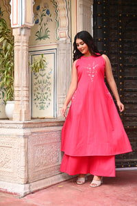 Bahe Kurtiz Pink Halter Neck A-Line Kurti Set with Minimal Embroidery and Palazzo for Women