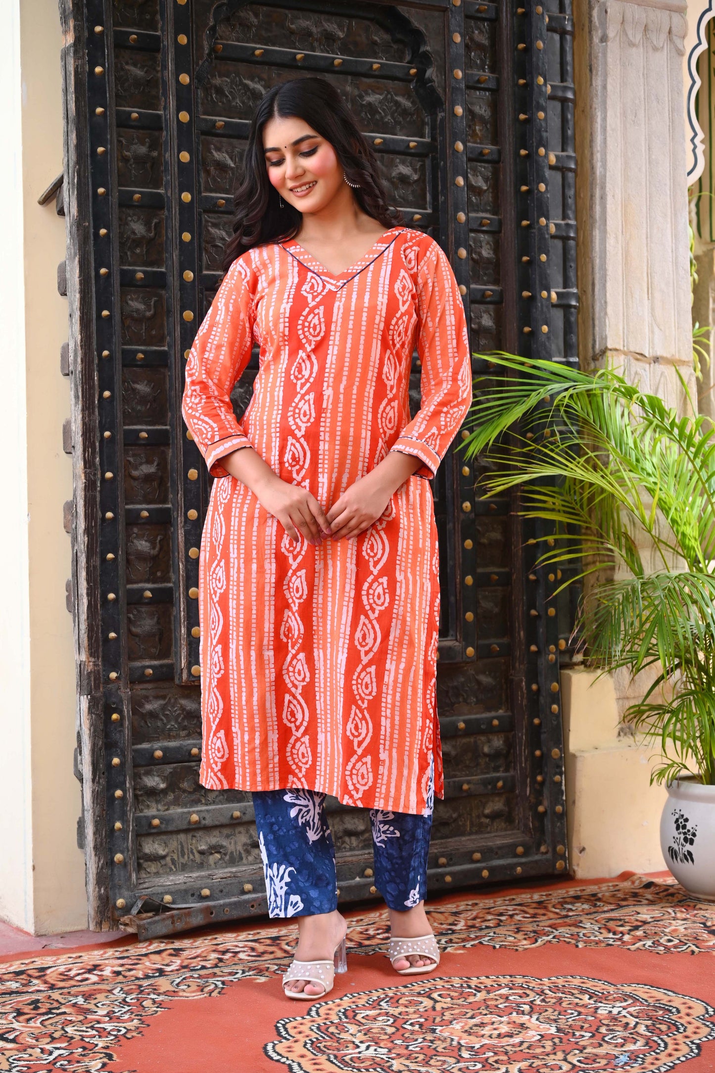 Bahe Kurtiz Multicolor Handblock Straight Kurta Set with Kotadoria Dupatta for Women