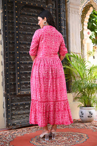 Bahe Kurtiz Pink Handblock Printed Flared Maxi Dress for Women
