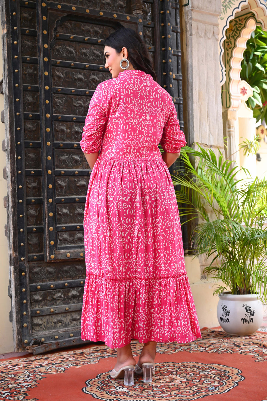 Bahe Kurtiz Pink Handblock Printed Flared Maxi Dress for Women