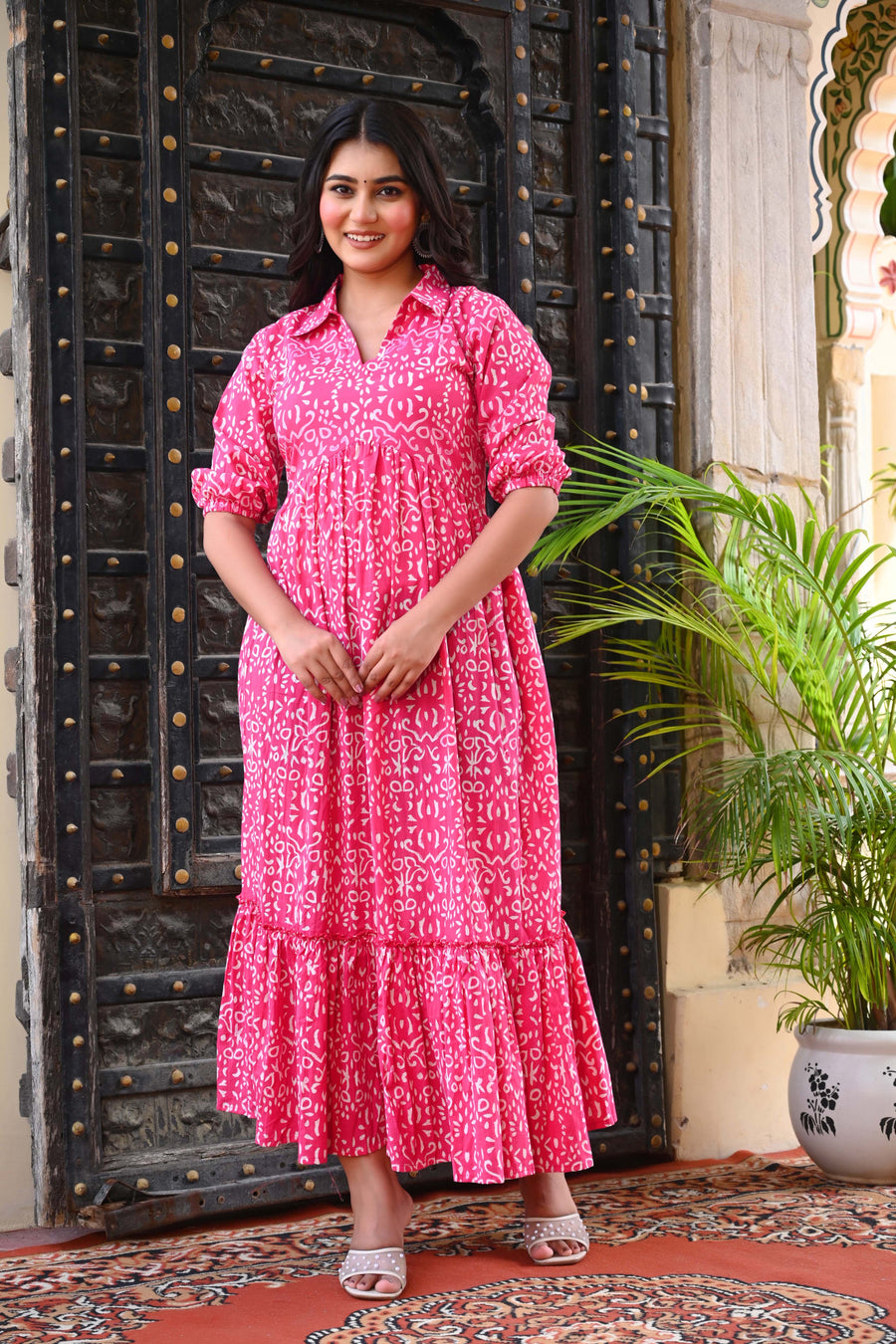 Bahe Kurtiz Pink Handblock Printed Flared Maxi Dress for Women