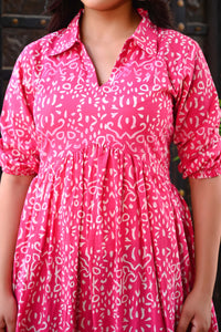 Bahe Kurtiz Pink Handblock Printed Flared Maxi Dress for Women