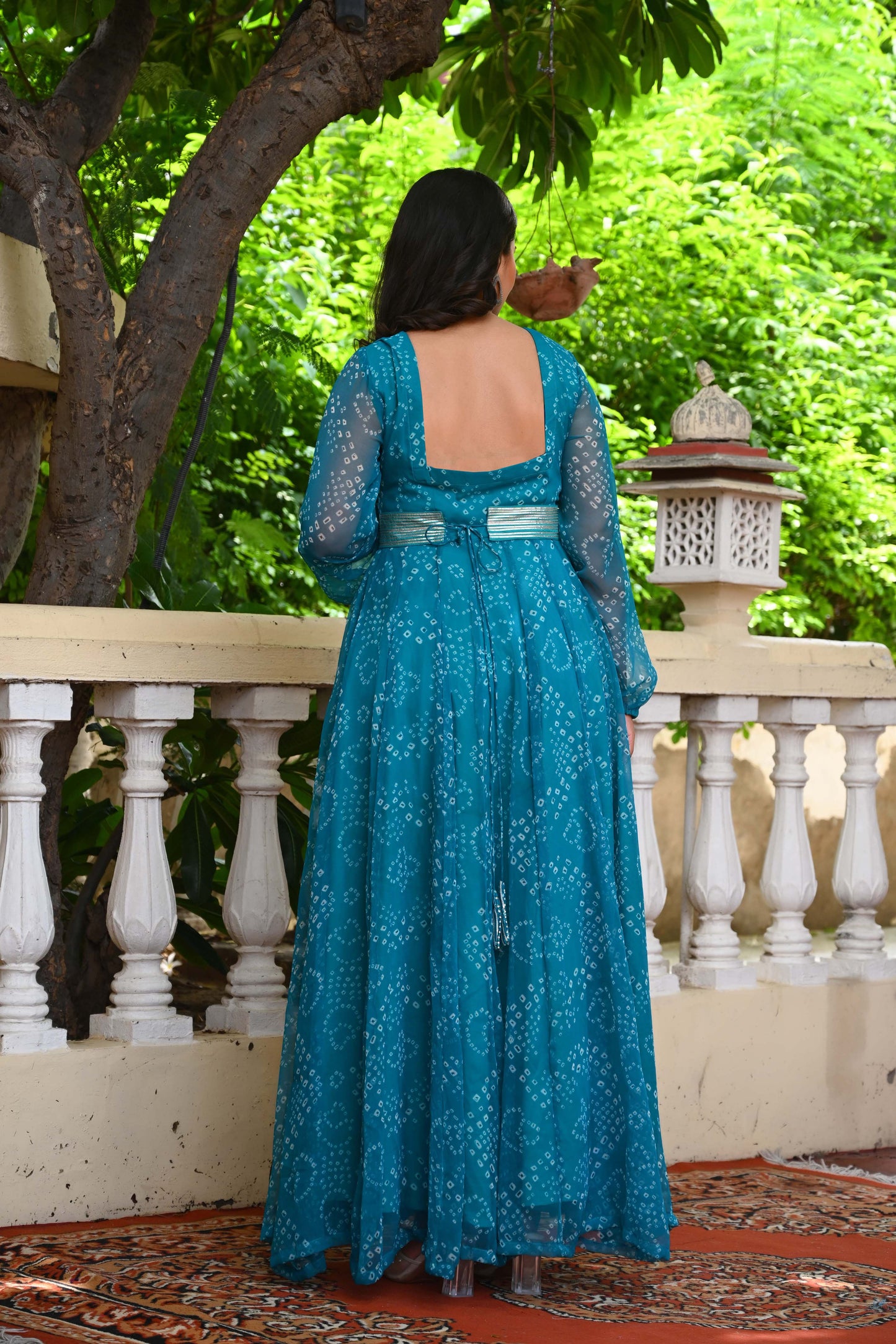 Bahe Kurtiz Blue Badhani Printed Georgette Maxi Dress with Unique Belt Design for Women