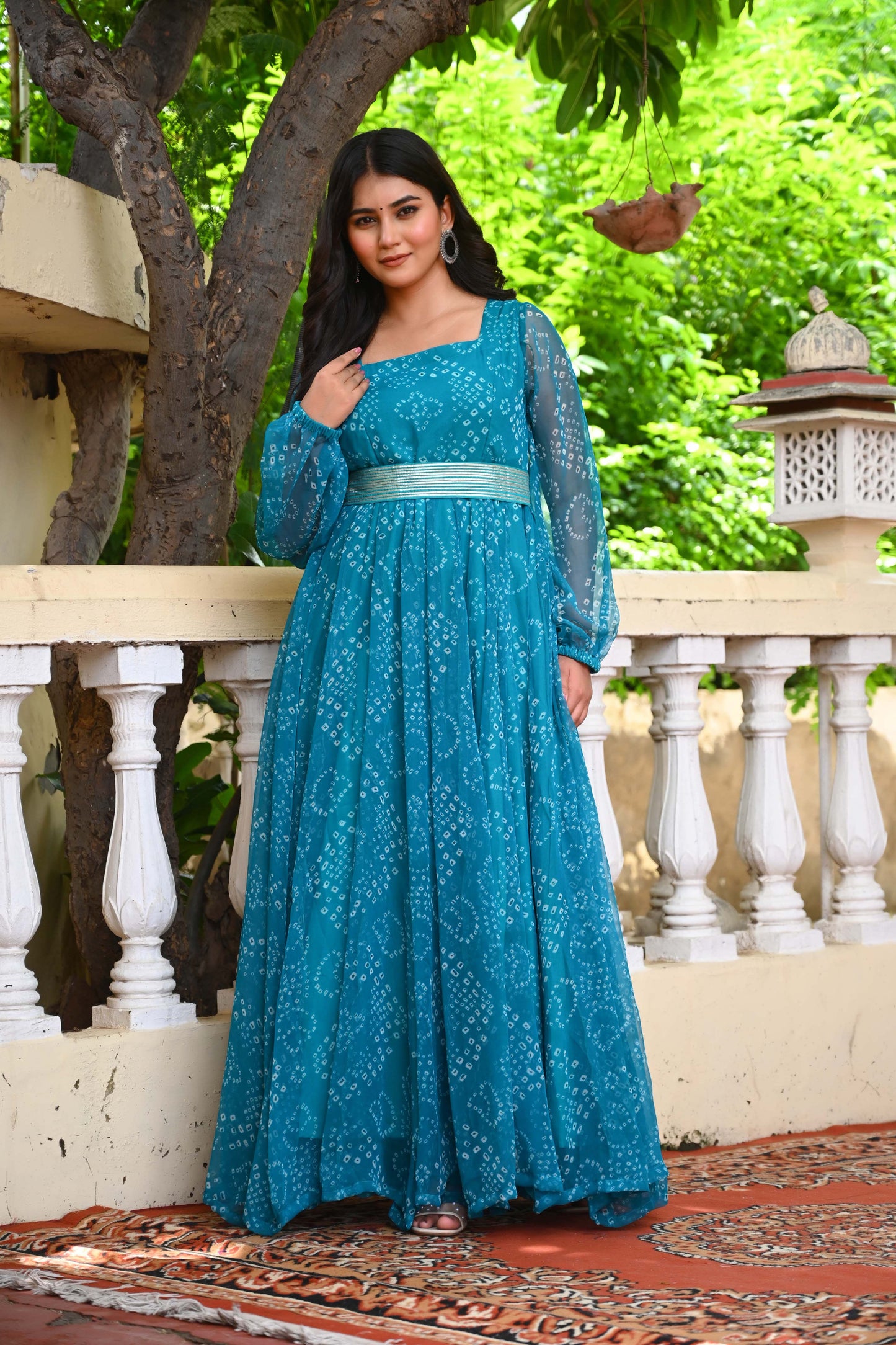 Bahe Kurtiz Blue Badhani Printed Georgette Maxi Dress with Unique Belt Design for Women