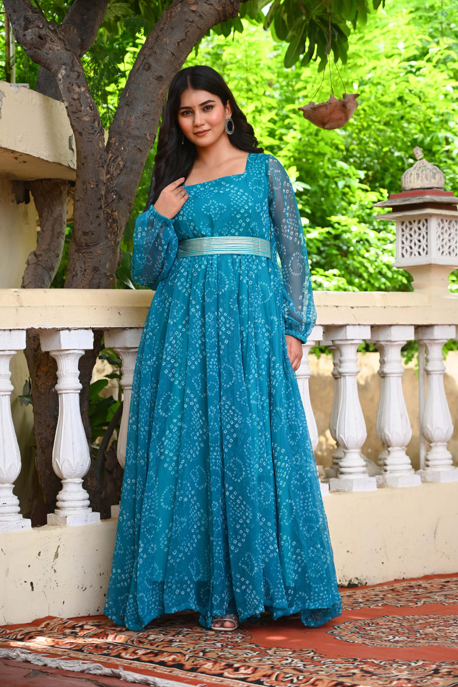 Bahe Kurtiz Blue Badhani Printed Georgette Maxi Dress with Unique Belt Design for Women