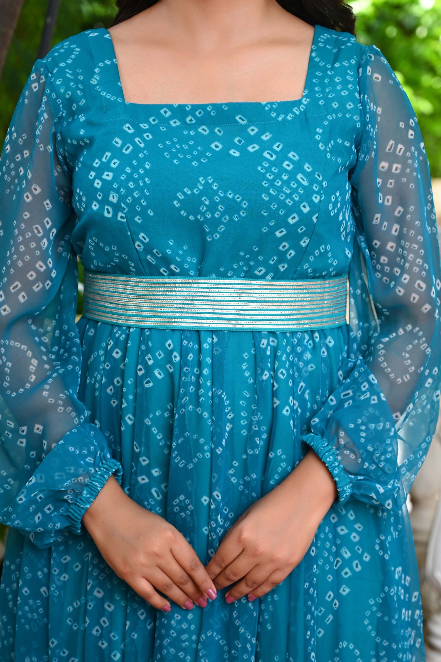 Bahe Kurtiz Blue Badhani Printed Georgette Maxi Dress with Unique Belt Design for Women