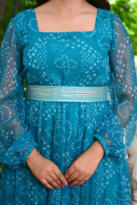 Bahe Kurtiz Blue Badhani Printed Georgette Maxi Dress with Unique Belt Design for Women