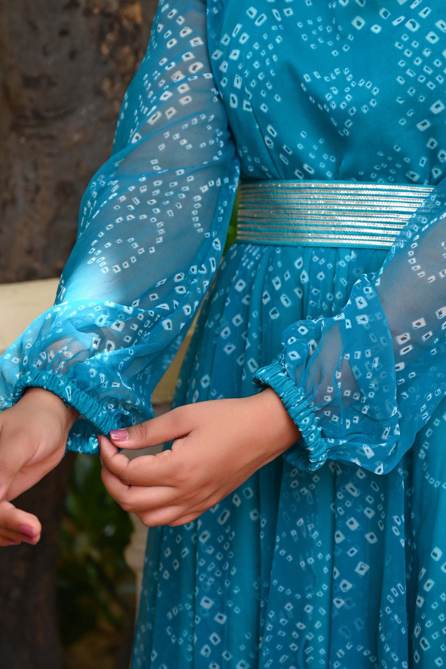 Bahe Kurtiz Blue Badhani Printed Georgette Maxi Dress with Unique Belt Design for Women