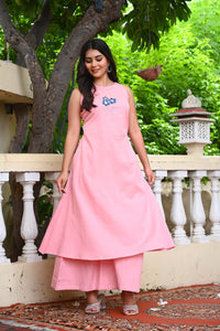 Bahe Kurtiz Baby Pink Halter Neck Minimally Embroidered A Line Kurti Set with Palazzo for Women