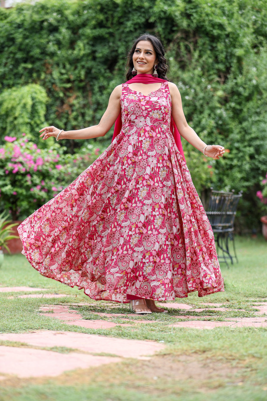 Magenta Georgette  silk embroidered  Anarkali Set for womens