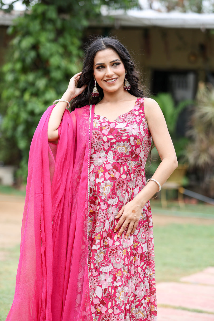 Magenta Georgette  silk embroidered  Anarkali Set for womens